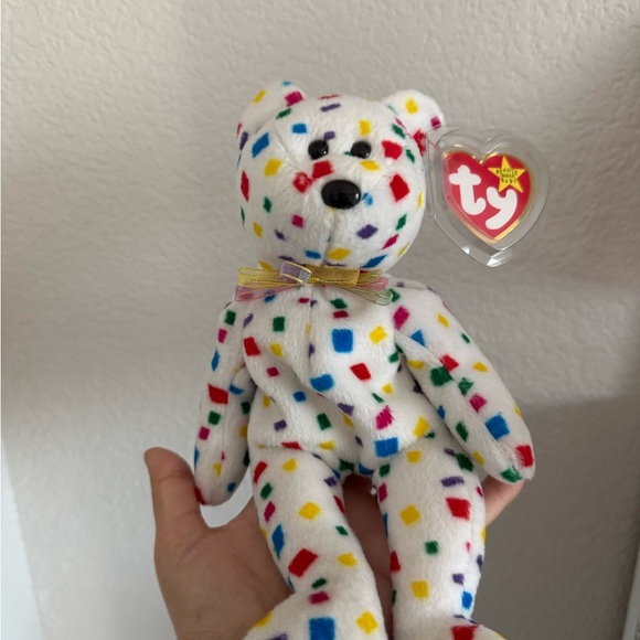 Ty Confetti Bear Plush - White with Red Blue Yellow Green Purple Spots